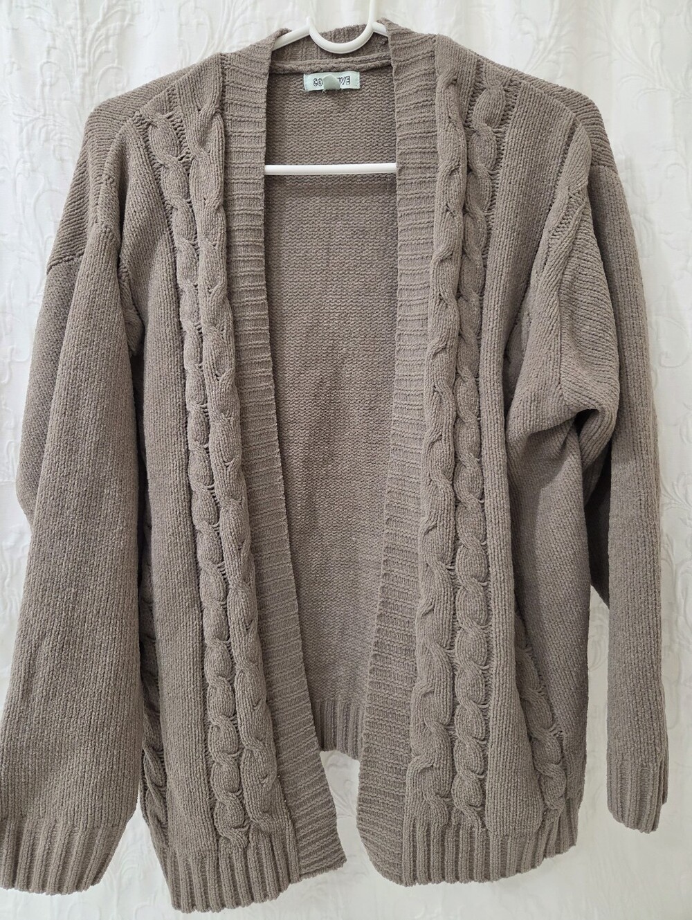 Cocovive Cable Knit Open-Front Cardigan Sweater - Taupe Size M